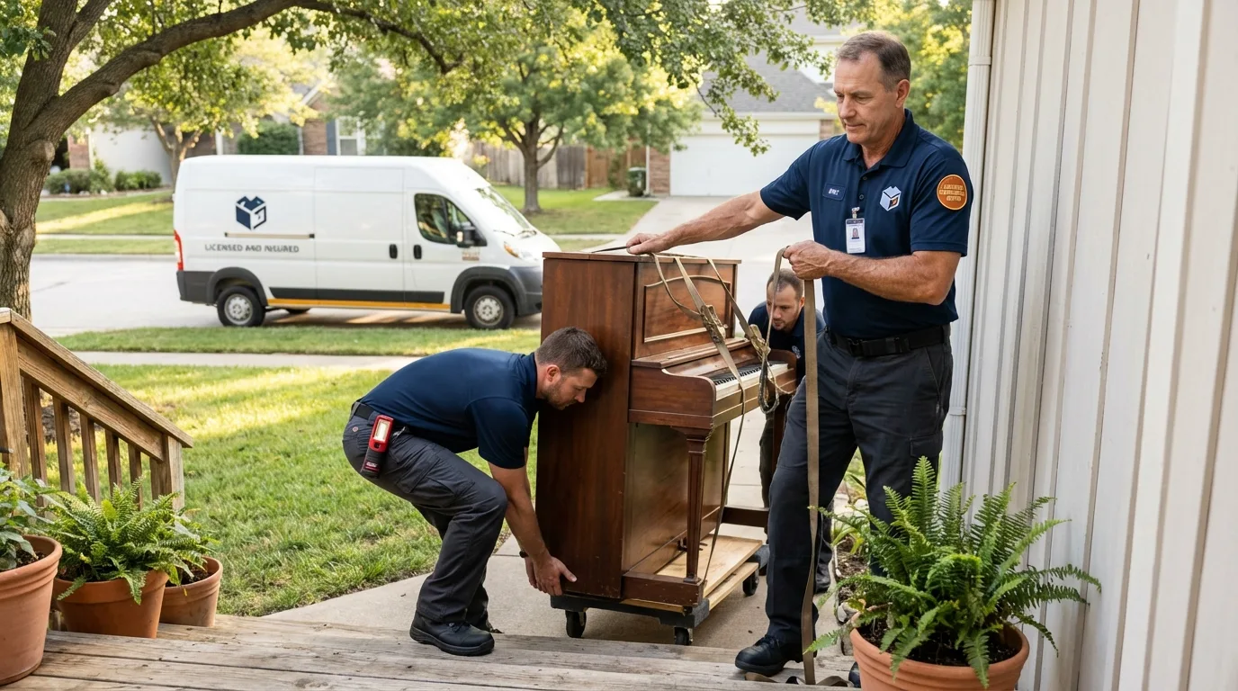 Licensed piano movers securing grand piano in Carlton, OR