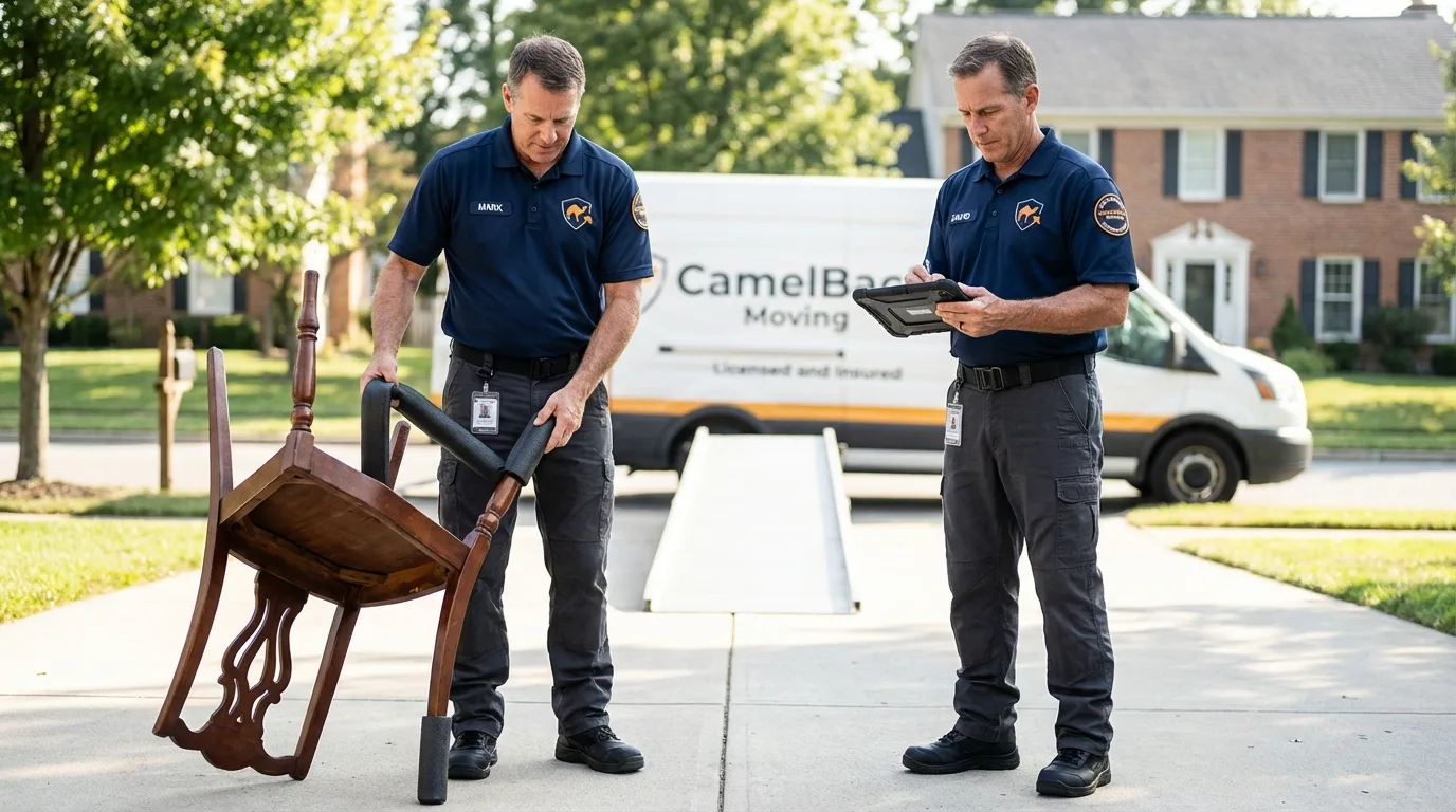 Movers inspecting furniture for damage prevention before loading in Carlton, OR
