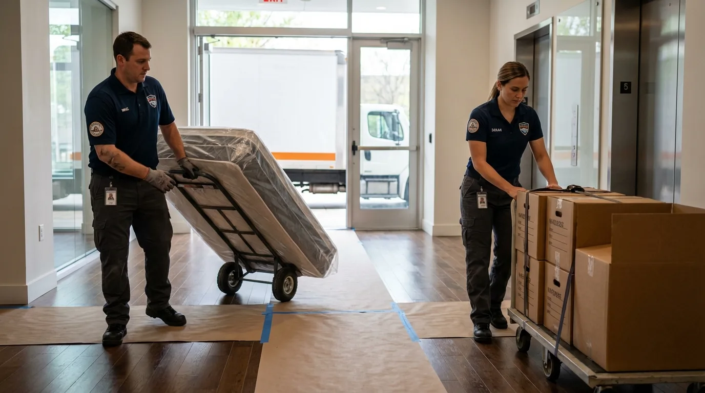 Professional apartment movers loading elevator in Carlton, OR