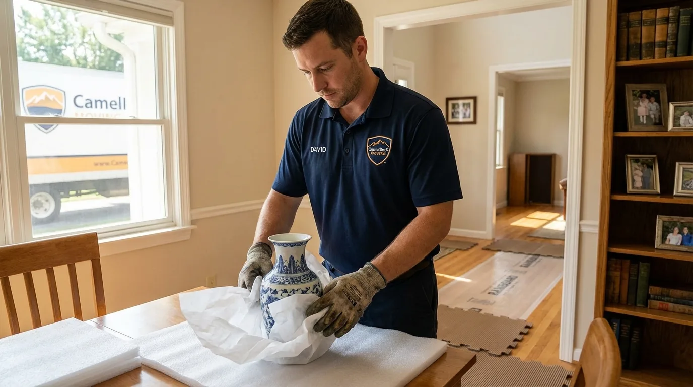 Professional crew carefully wrapping antique vase for senior downsizing move in Carlton, OR